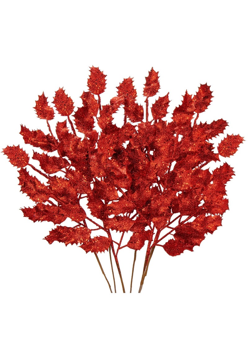 SYOSI 6Pcs Glitter Leaves Holly Leaves 14" Artificial Red Holly Leaf Picks Sprays Giltter Stems for Tree DIY Wreath Garland Home Decor - Red - Image 1